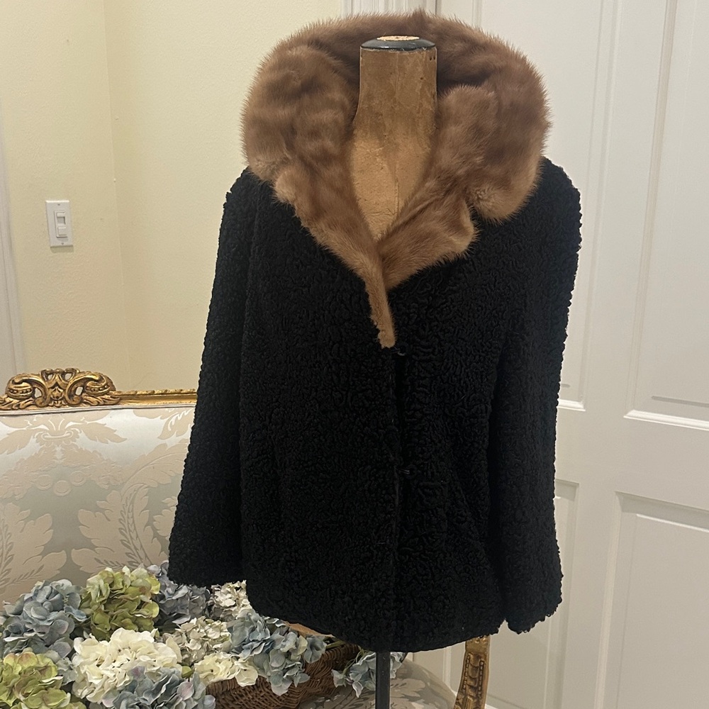 Vintage black Persian lamb and mink fur collar 1950s/ 1960s coat